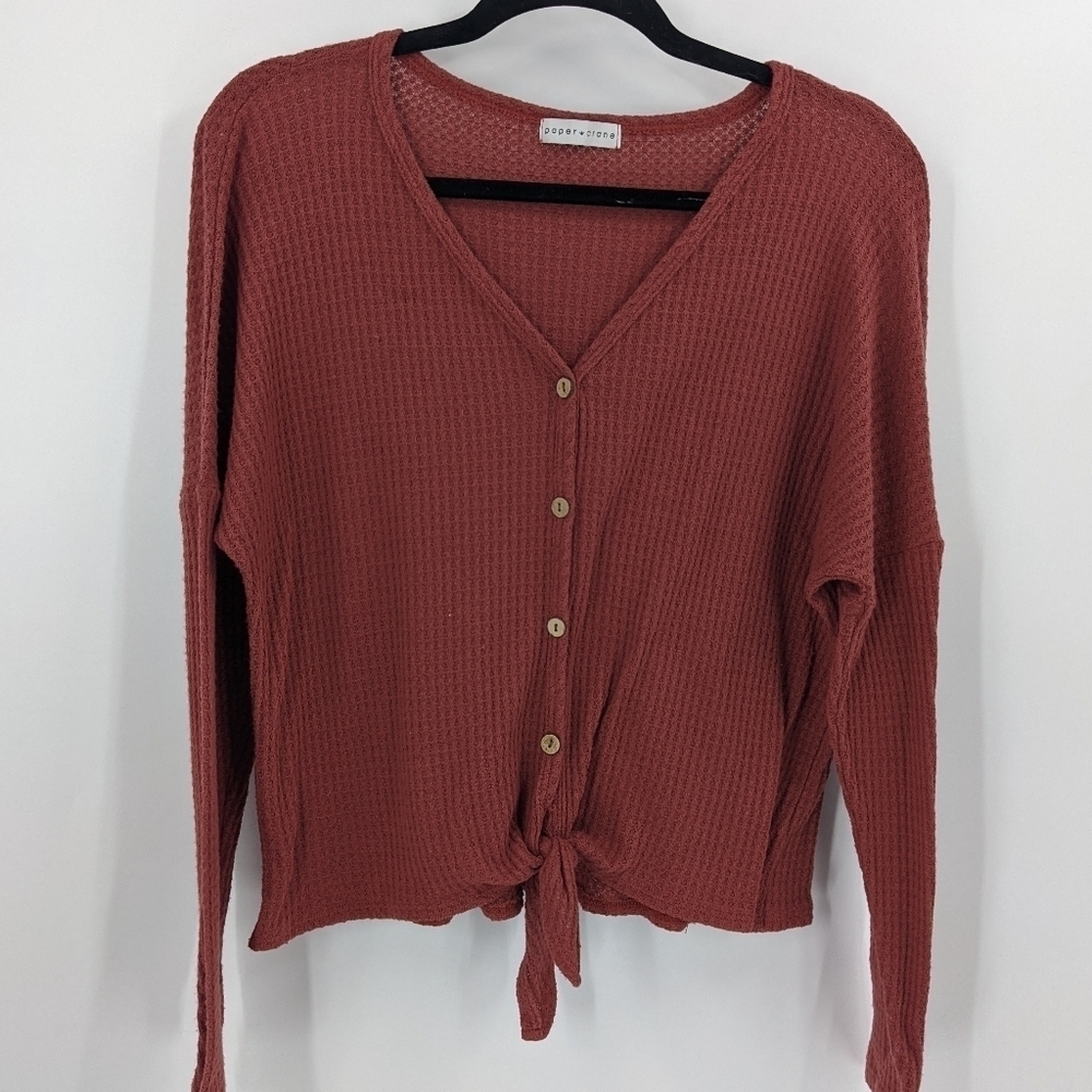 PAPER CRANE Tie Front Knit Button Down Top